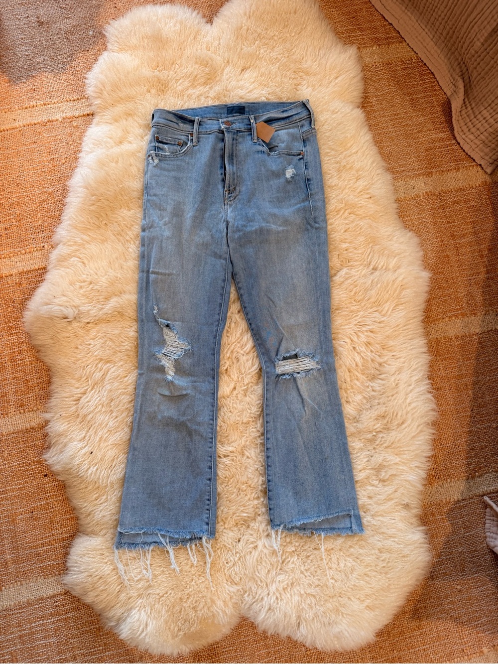 MOTHER Light Blue Distressed Flare Jeans step fray chatterbox